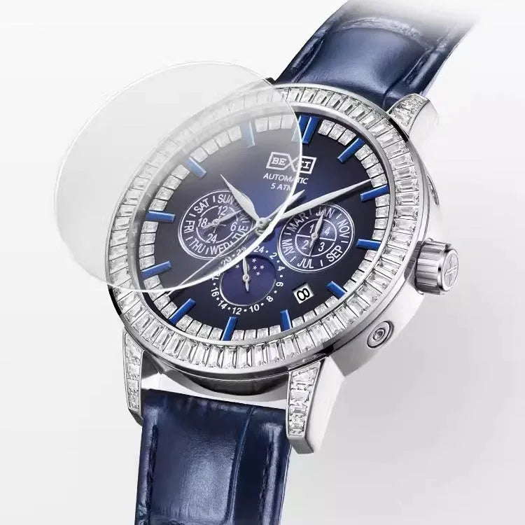Blue mechanical men's watch with 10mm thick case, casual style, gift box packaging