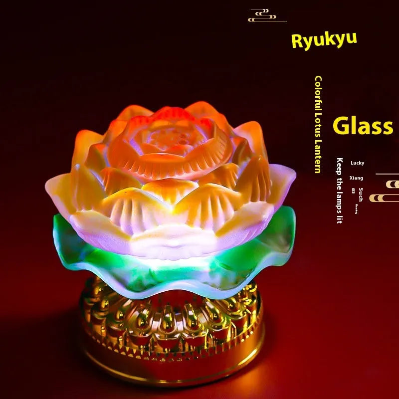 Yellow Chinese style ABS plastic lotus lamp for Buddha altar decoration, shown in bud and flowering styles.