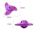 Blue boomerang-shaped molar dog chew toy for medium and large breed dogs on a plain background