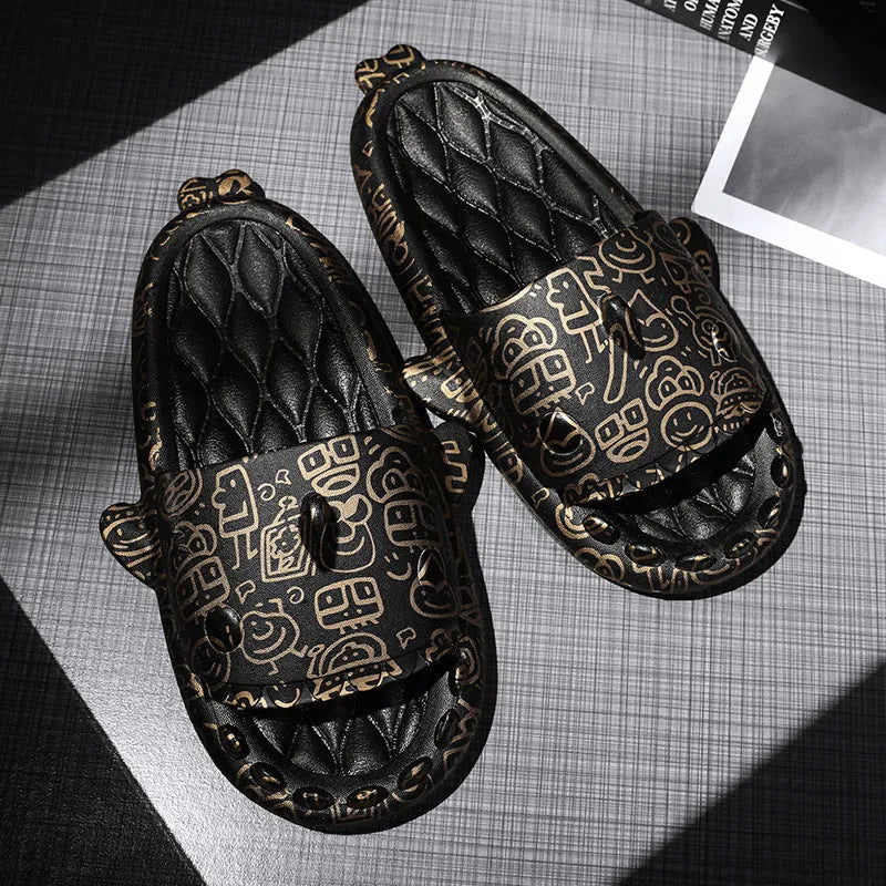 Shark-themed couple EVA slippers in open-toe style on a colour selection background.