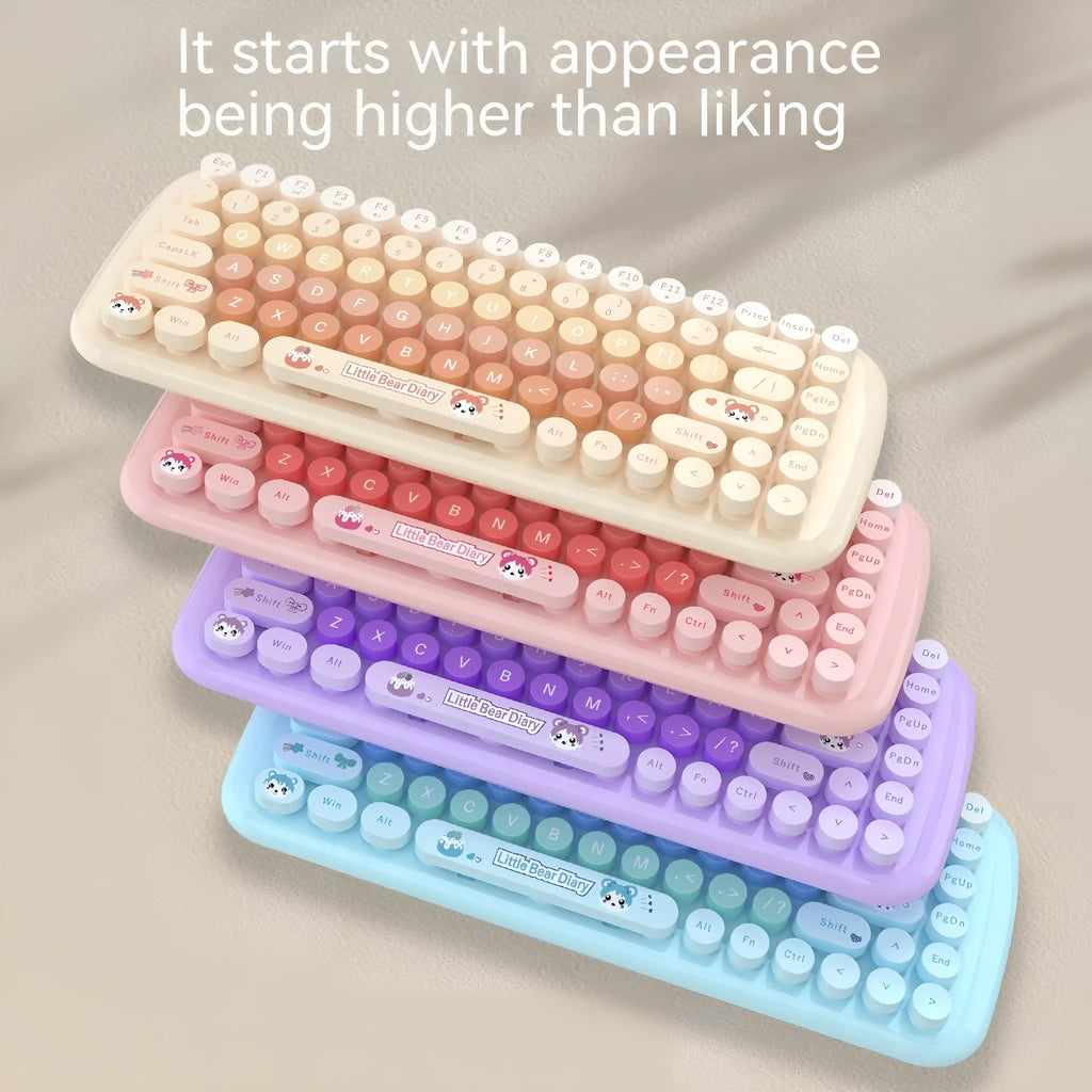 Candy pink wireless keyboard and mouse set with cartoon design on compact 43.5cm keyboard