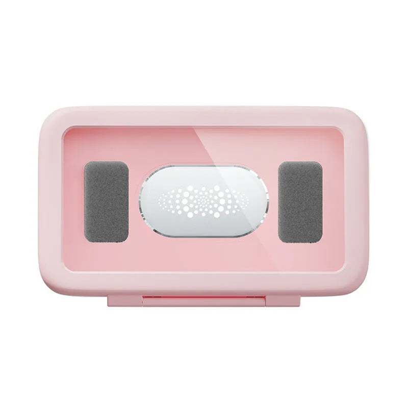 White waterproof phone holder mounted on tile with phone inside showing touch screen and anti-fog window.