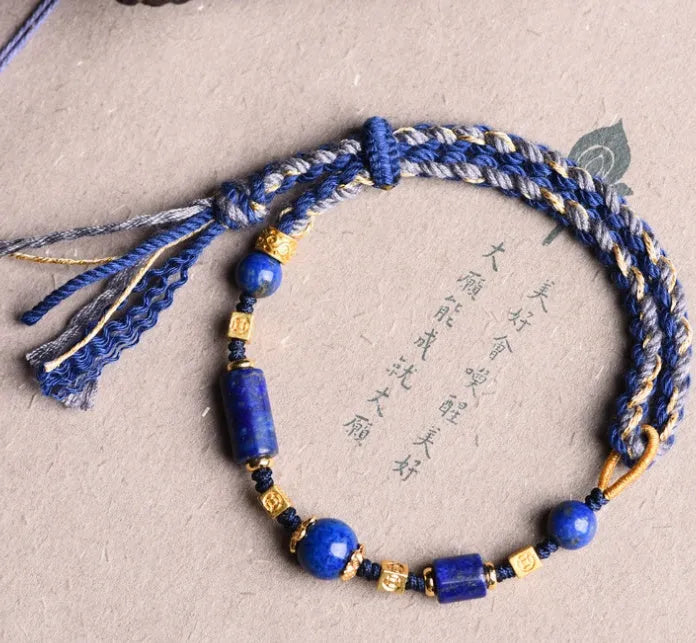 Hand-woven flexible wire watch band in ethnic style, showing Lapis Lazuli and Hongfei Ebony colour options.