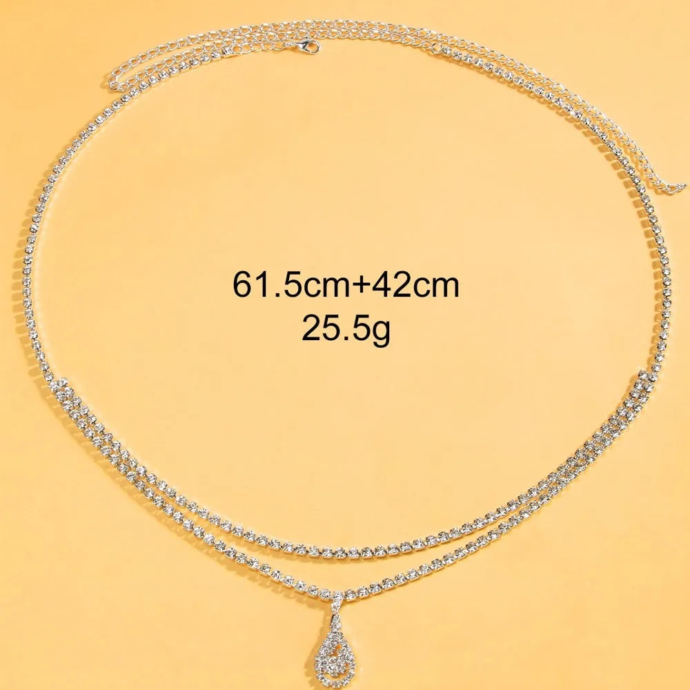 Gold women's waist chain with drop pendant and rhinestone details, 115cm length with lobster buckle