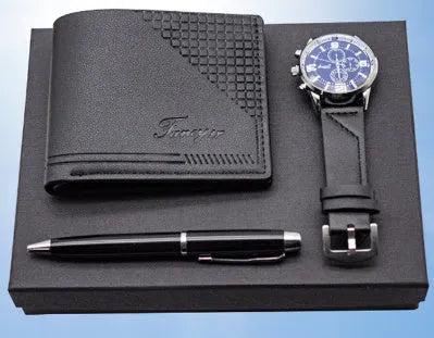 Creative holiday gift set showing wallet, pen, and watch in gift box with black or brown colour options