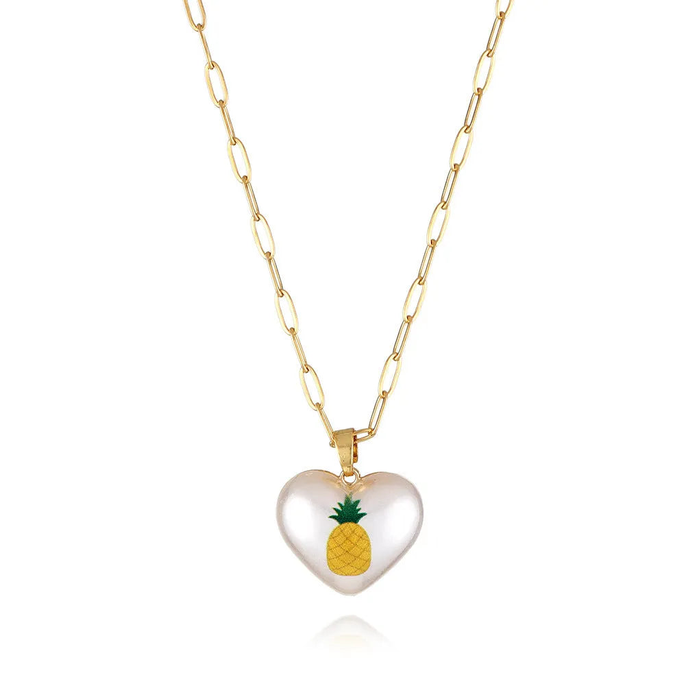 Geometric fruit pendant necklace with adjustable chain showing strawberry pineapple apple pear cherry designs