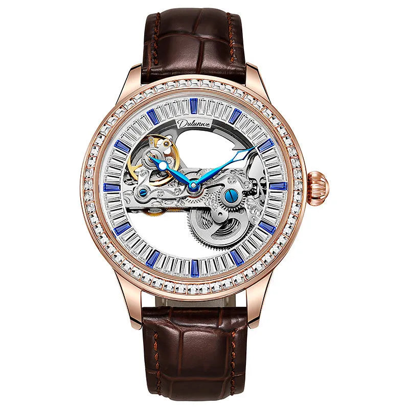 Men's rose gold zircon dial mechanical watch with leather strap and transparent case back.