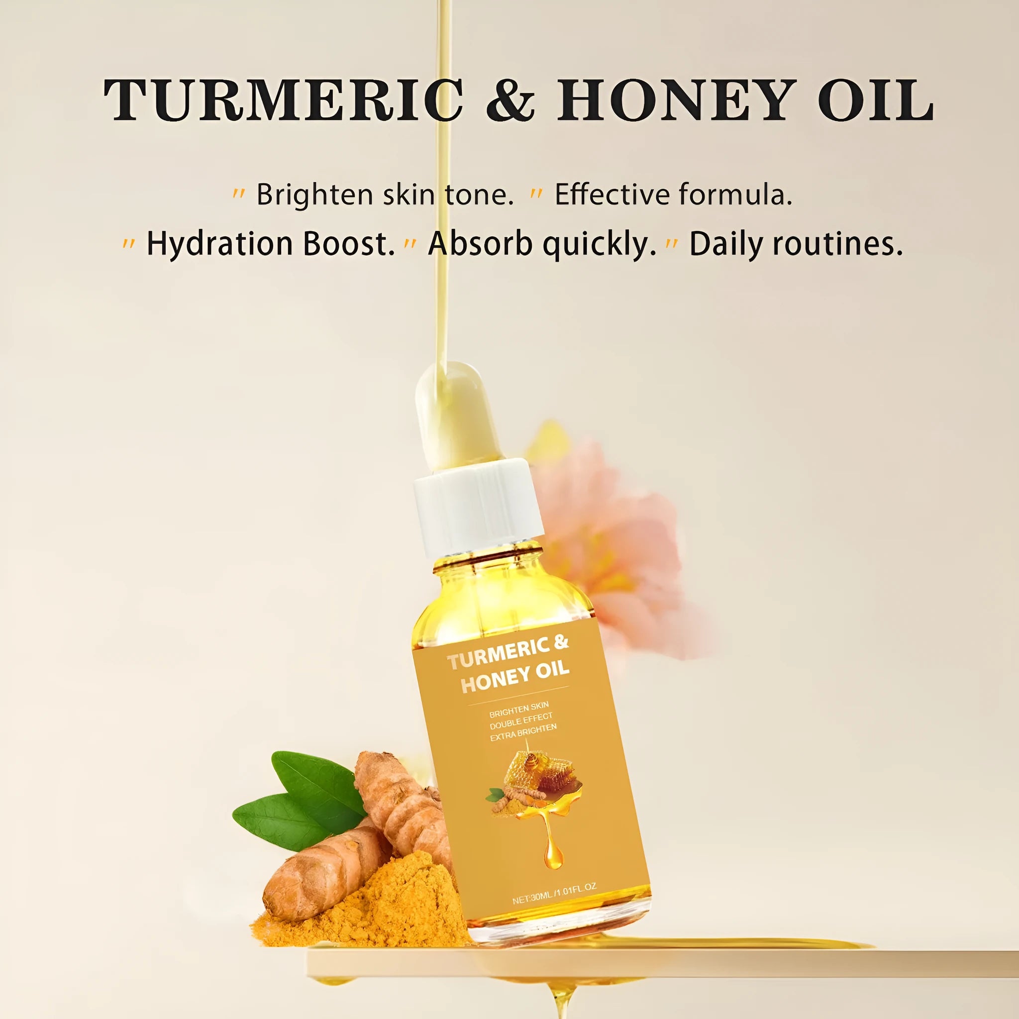 30ml bottle of Turmeric Honey Essential Oil in neutral packaging for facial application