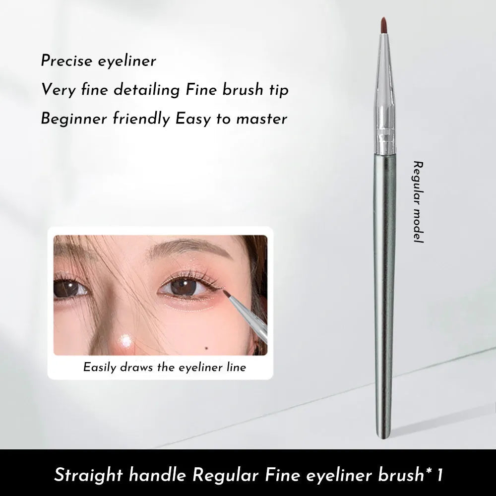 Close-up of an angled bend head eyeliner brush with a fine tip for detailed eye makeup application.