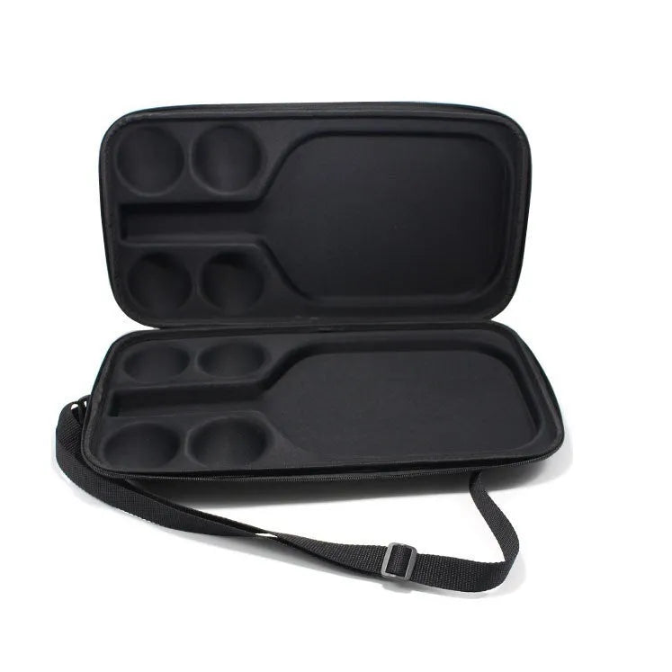 Black portable pickleball racket storage bag with double shoulder straps, showing EVA material construction.