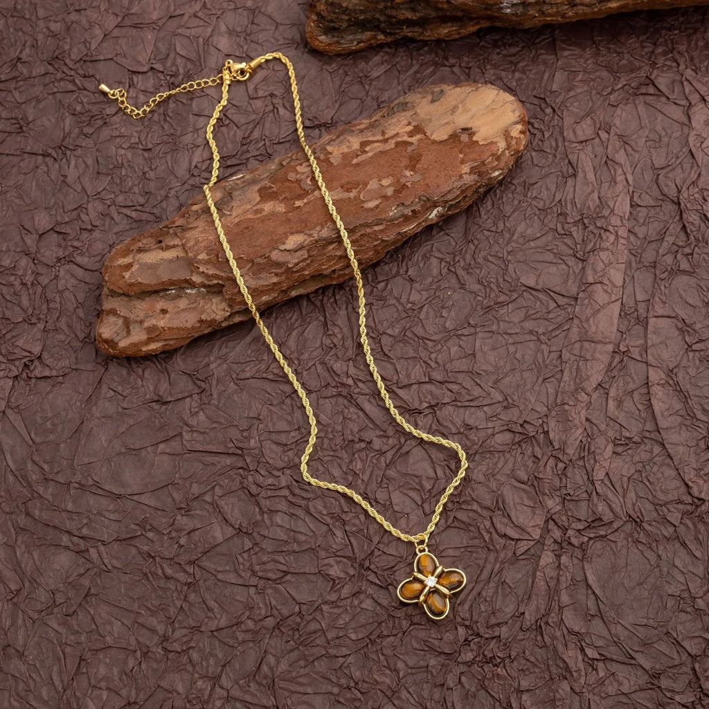 Natural tigereye titanium steel necklace with geometric pendant on regular chain