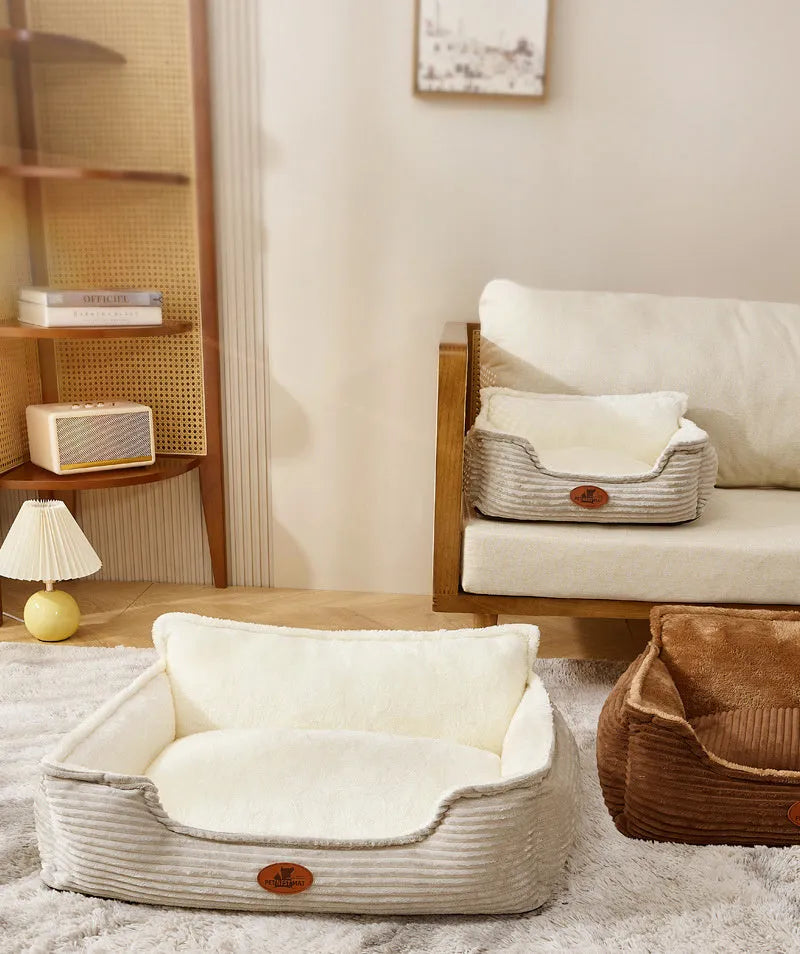 Coffee coloured removable cover dog and cat bed cushion showing raised edge, with S size 45x50cm dimensions