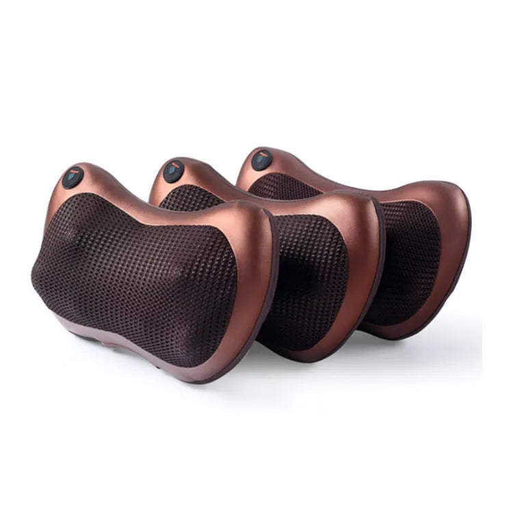 Smart shoulder neck massager pillow with genuine leather fabric, showing 8 massage heads, available in black and brown colours