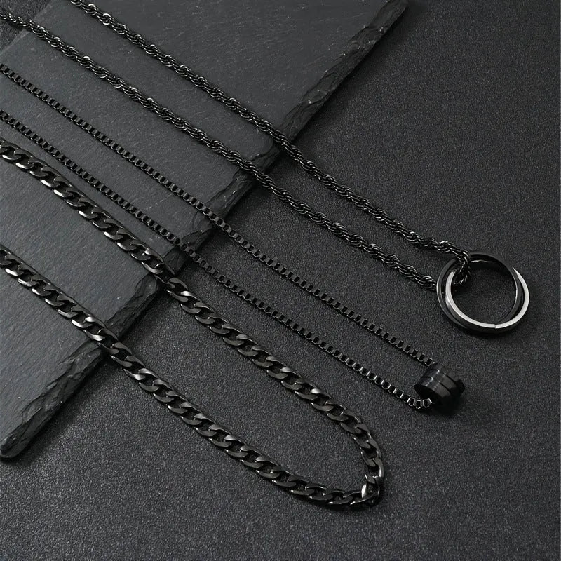 Men's black titanium steel geometric necklace set with three-dimensional cylindrical ring buckles on stainless steel chains