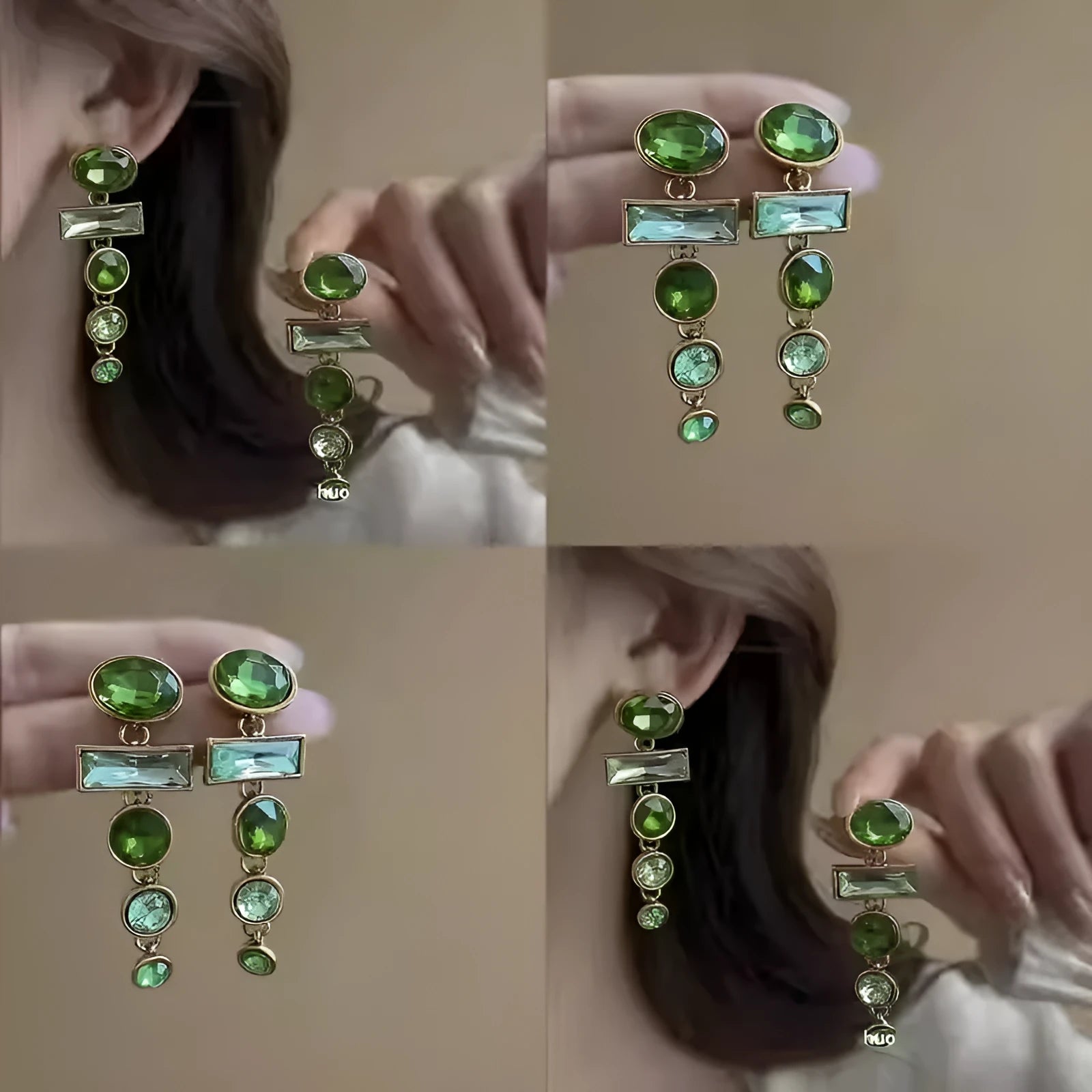 Green gradient geometric alloy earrings with a long tassel and sparkling inlaid zircon centre on a white background.
