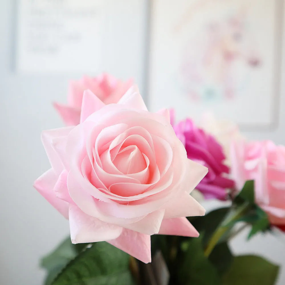 Artificial silk rose bouquet with 42cm length and 8.5cm flower head in multiple colour options