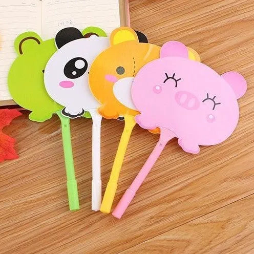 Promotional fan ballpoint pen with colourful refill designs including kitten, unicorn, and animal models