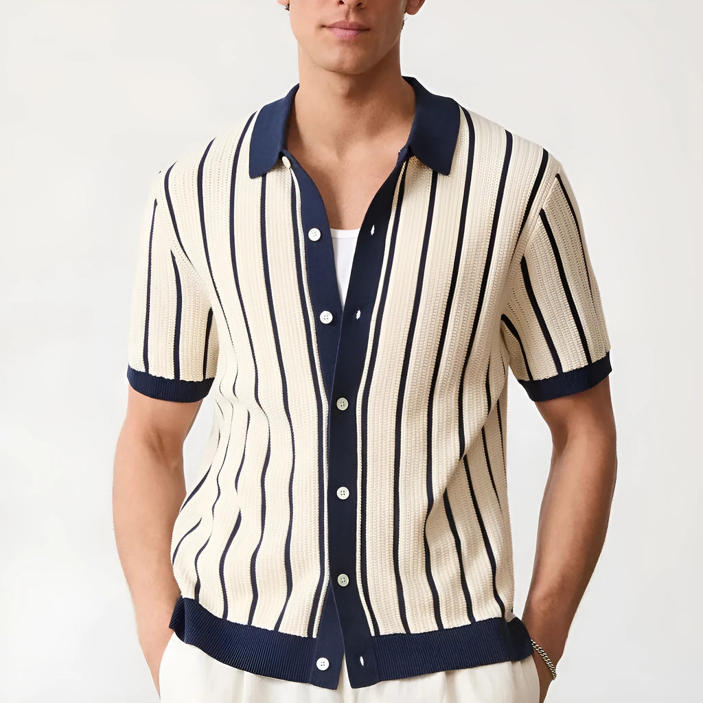 Men's white asymmetric short sleeve knit top with a lapel neckline on a mannequin.
