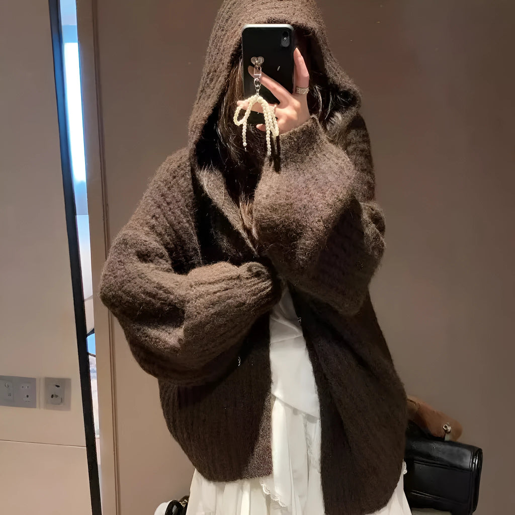 Women's dark grey retro hooded cardigan with loose fit and thick knit texture.