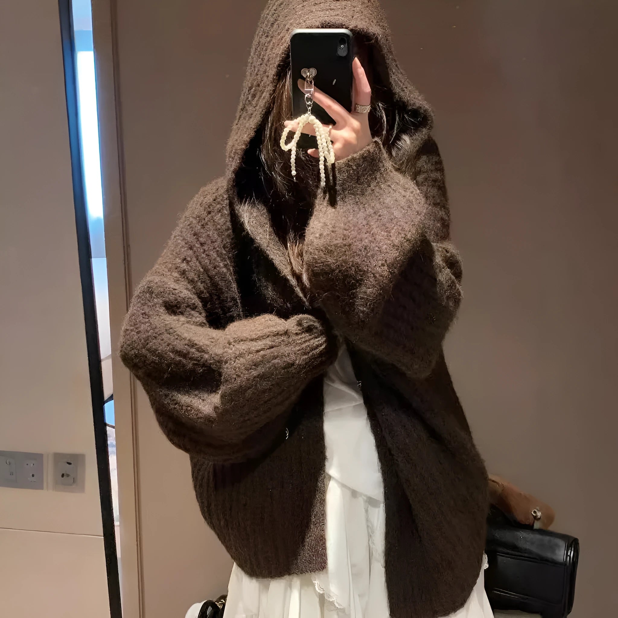 Women's dark grey retro hooded cardigan with loose fit and thick knit texture.