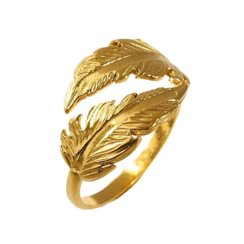 Women's stainless steel feather ring with adjustable opening in gold or silver finish