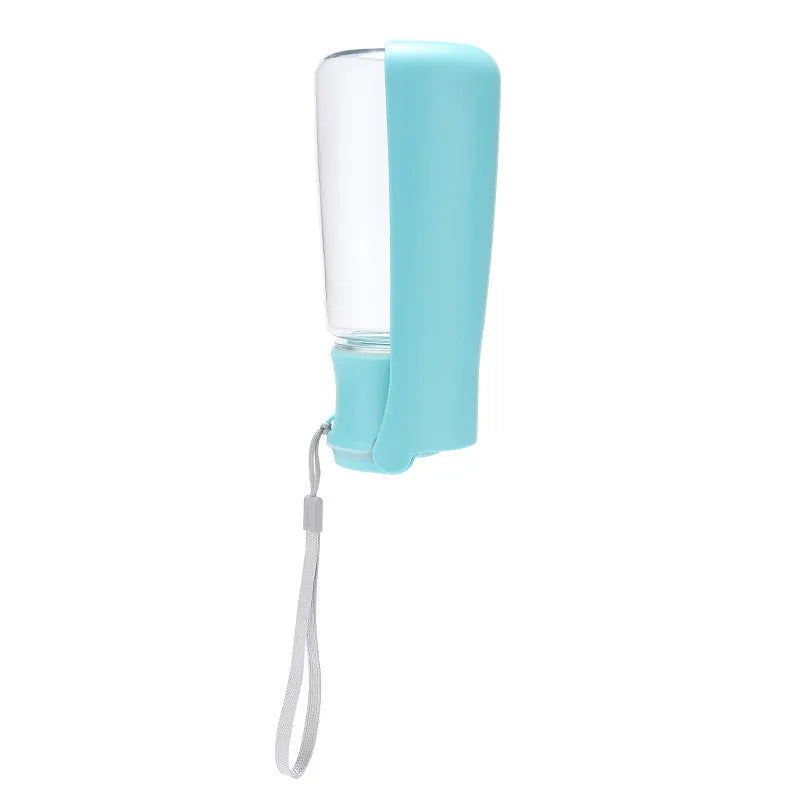 Foldable dog water bottle with dispenser in blue, pink or white colours showing collapsed and expanded states
