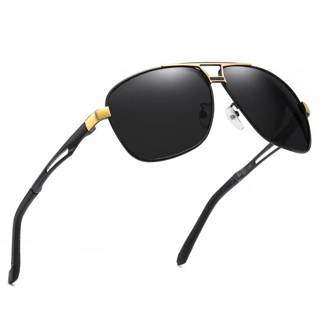 Men's orange red aviator sunglasses with polarised TAC lenses and metal frame on a plain background.