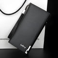Men's black multifunctional zipper wallet showing 7 card slots and RFID blocking feature