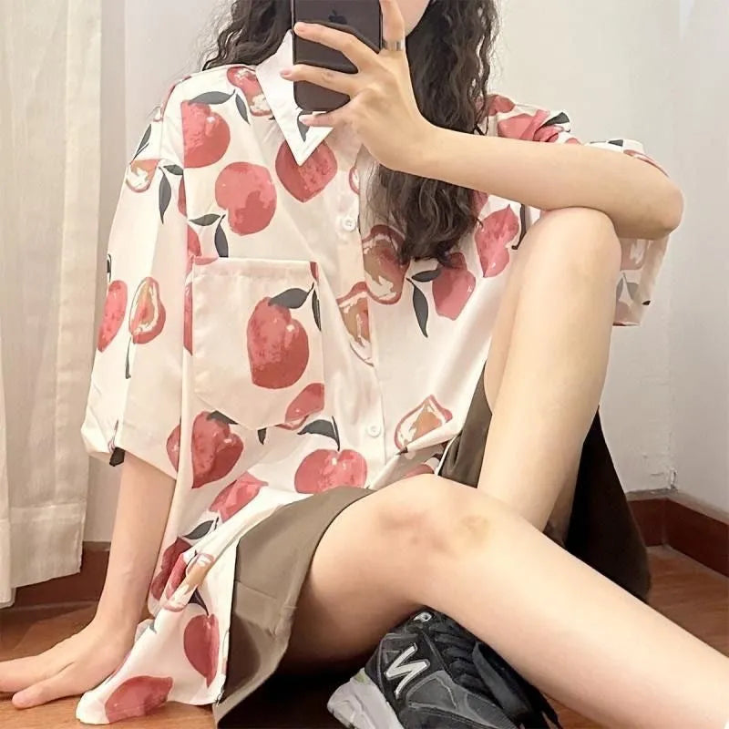 Summer Hong Kong style couple half sleeve flower shirt in 617 picture colour, loose fit, fruit pattern on polyester fabric