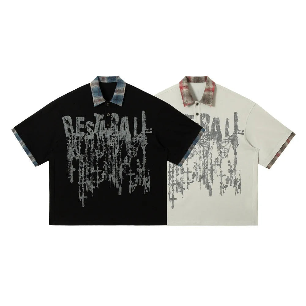 Men's blue graffiti print short-sleeve top with lapel collar, loose street style