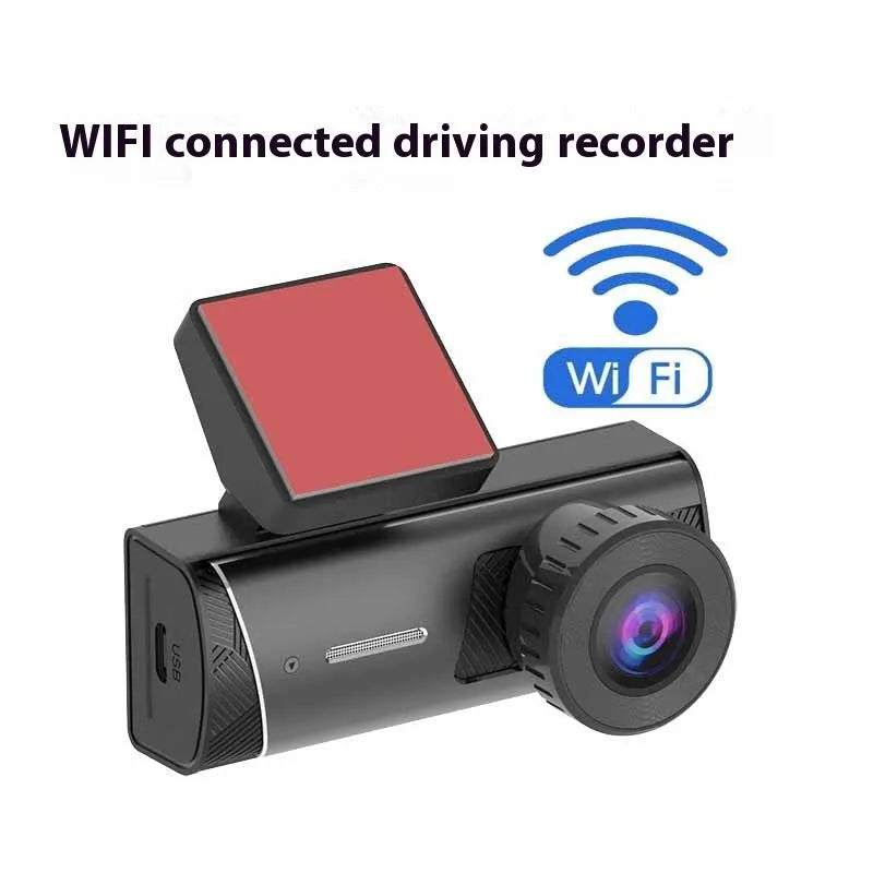 Black WIFI connected dashcam with touch screen and wide-angle lens for car recording
