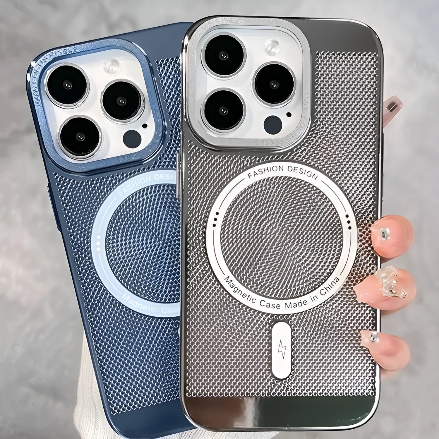 Electroplated magnetic phone case for iPhone in colours black, silver, blue, green, purple.