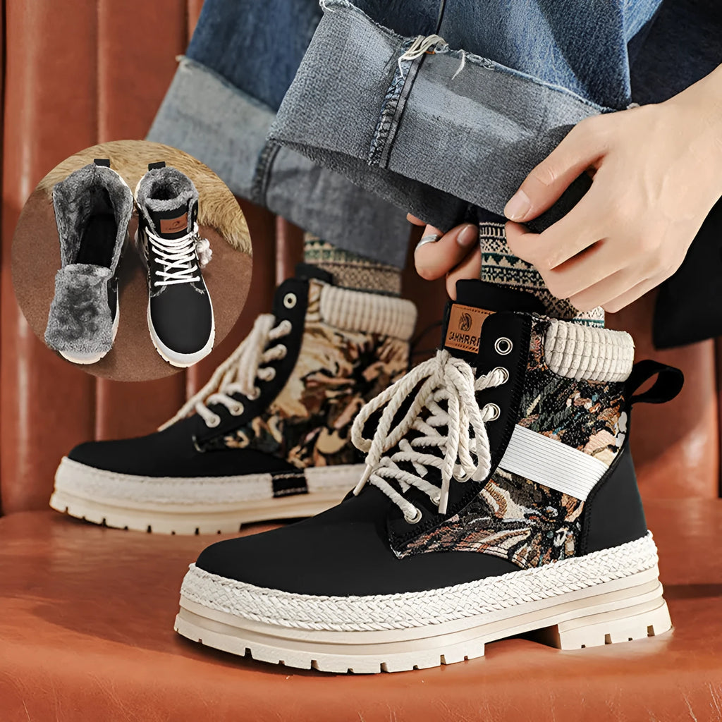 Men's high-top print boots in beige with lace-up front, chunky heel, stitching details, and leather and fabric upper