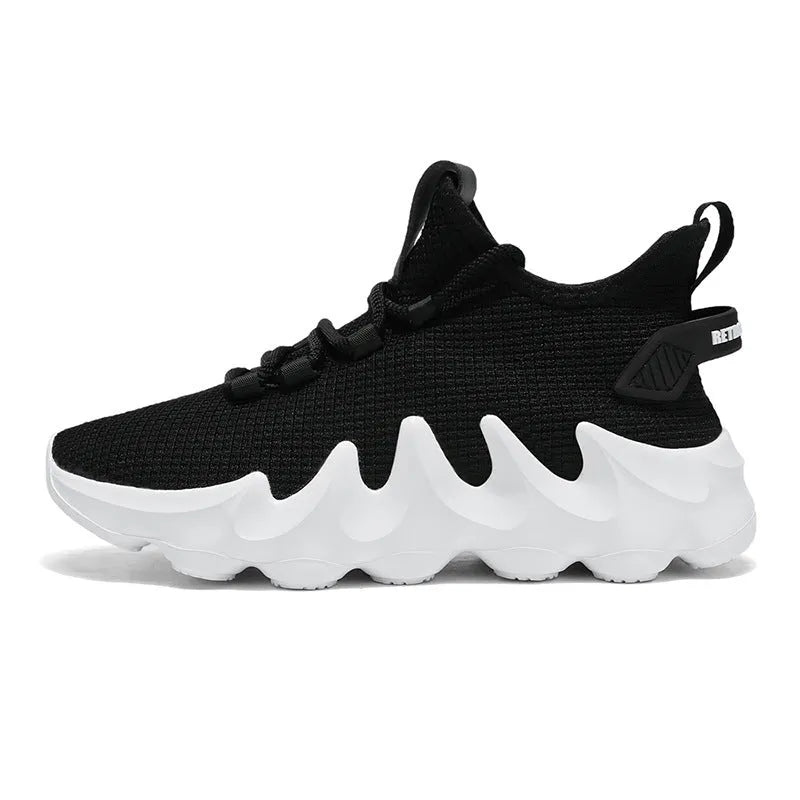 Men's black low-top sock-like sports shoes with a lace-up front and wear-resistant sole on a white background.