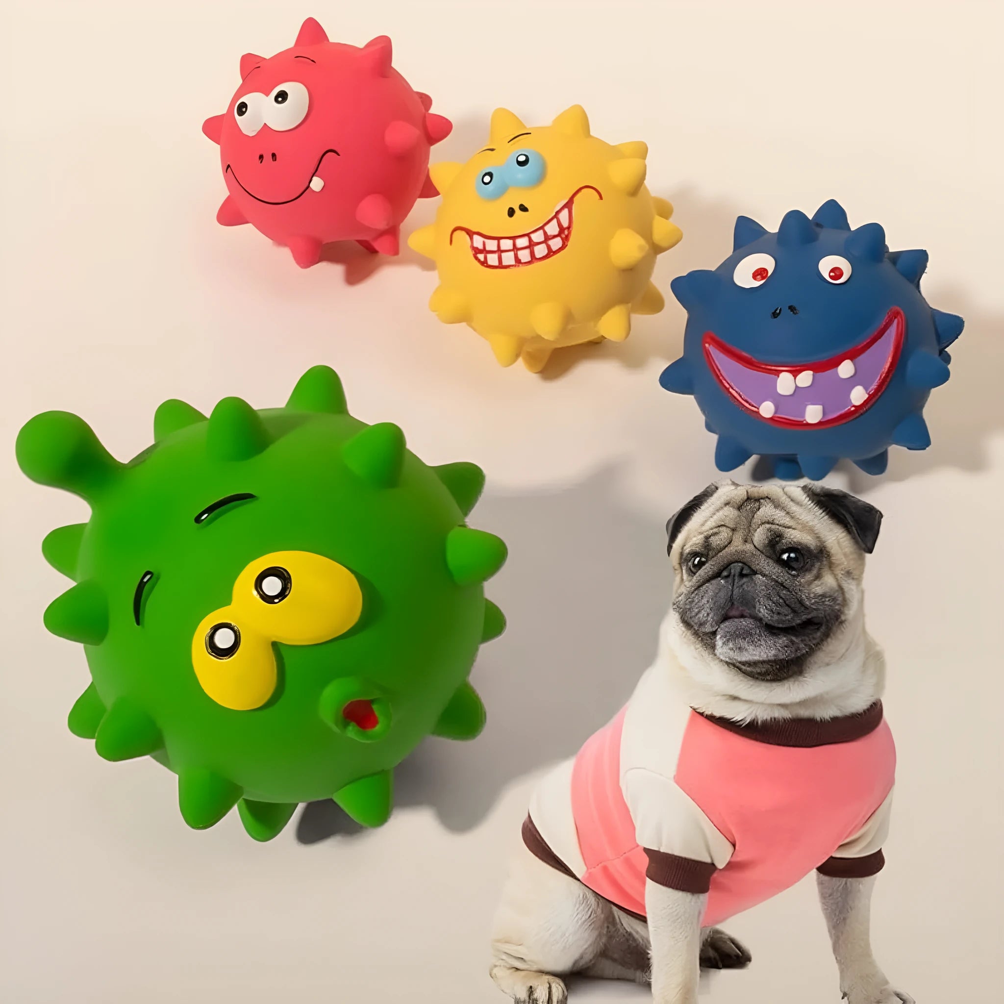Set of four colourful squeaky dog balls with cute faces, made from natural latex rubber.