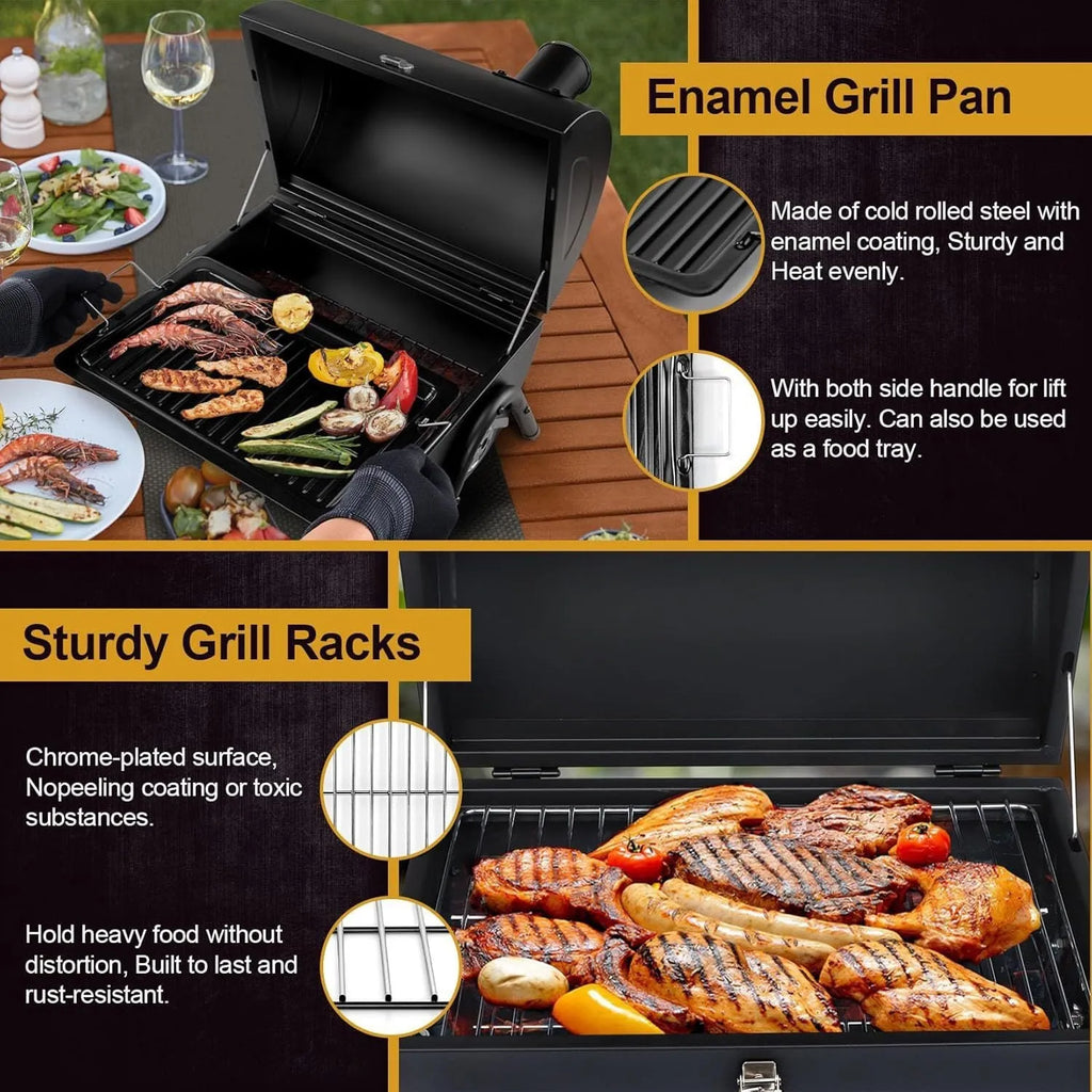 Small metal folding desktop barbecue charcoal stove with grill.