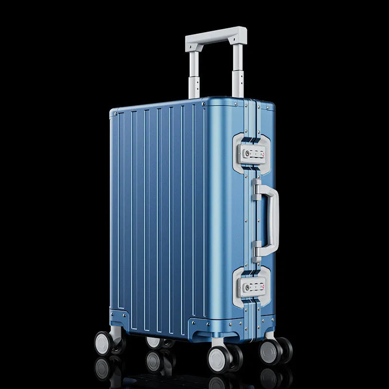 Aluminium magnesium alloy luggage with striped pattern and TSA combination lock in multiple colour options