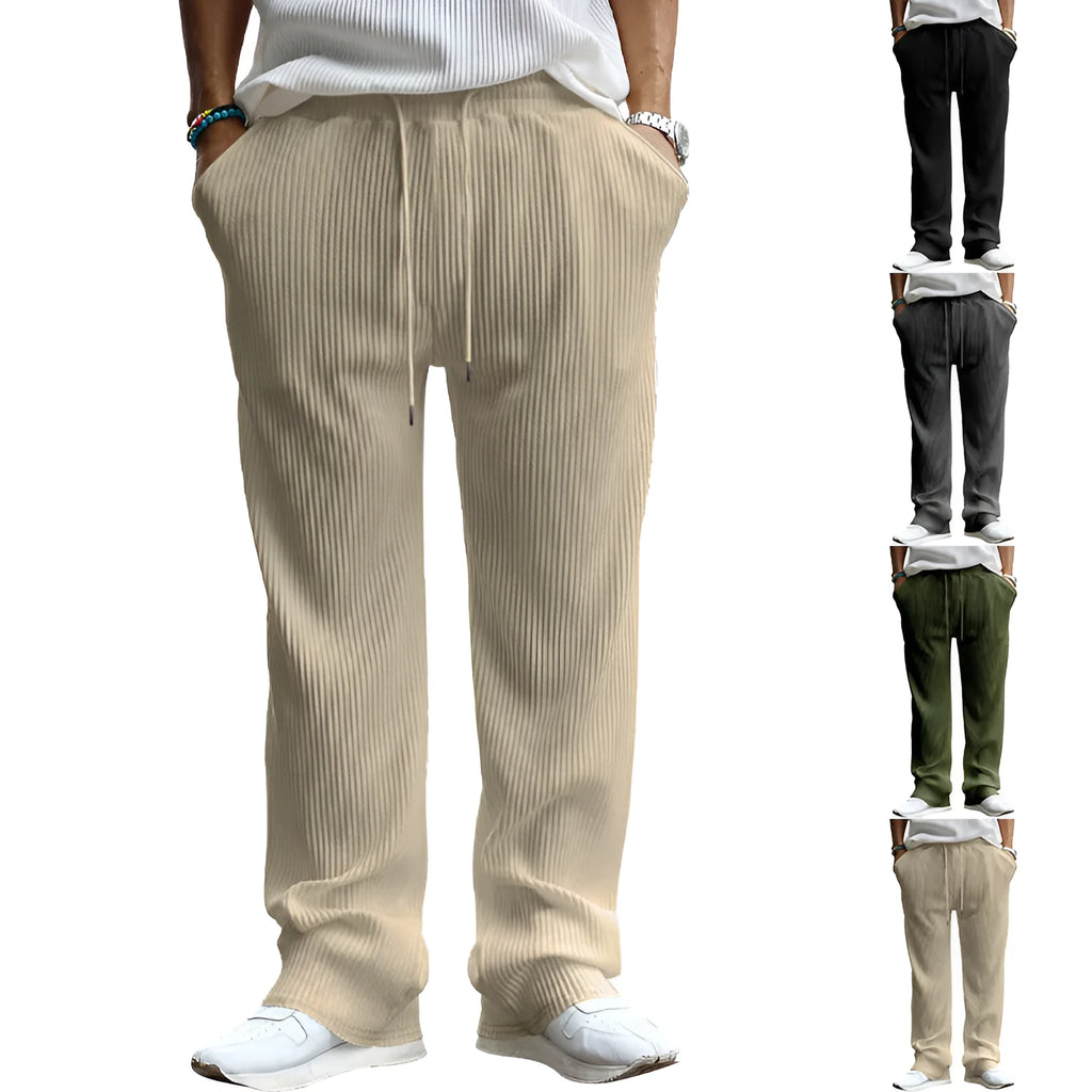 Men's loose-fit straight-leg trousers in army green with a high elastic waistband.
