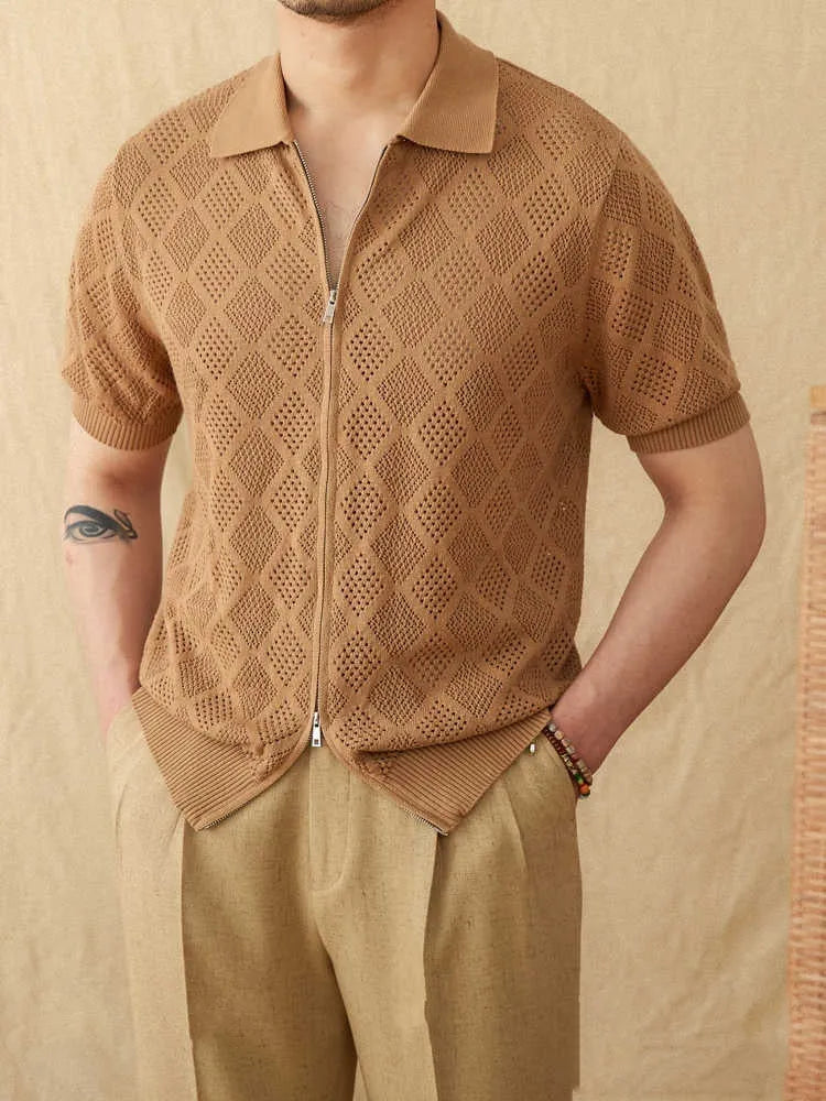 Women's light brown zip-front cotton cardigan with short sleeves and a lapel collar laid flat.