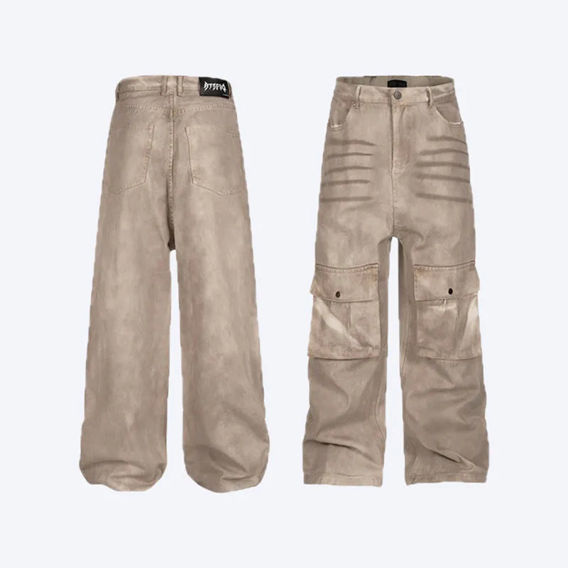 Women's marble dark A-line denim trousers with straight leg and mid-waist design