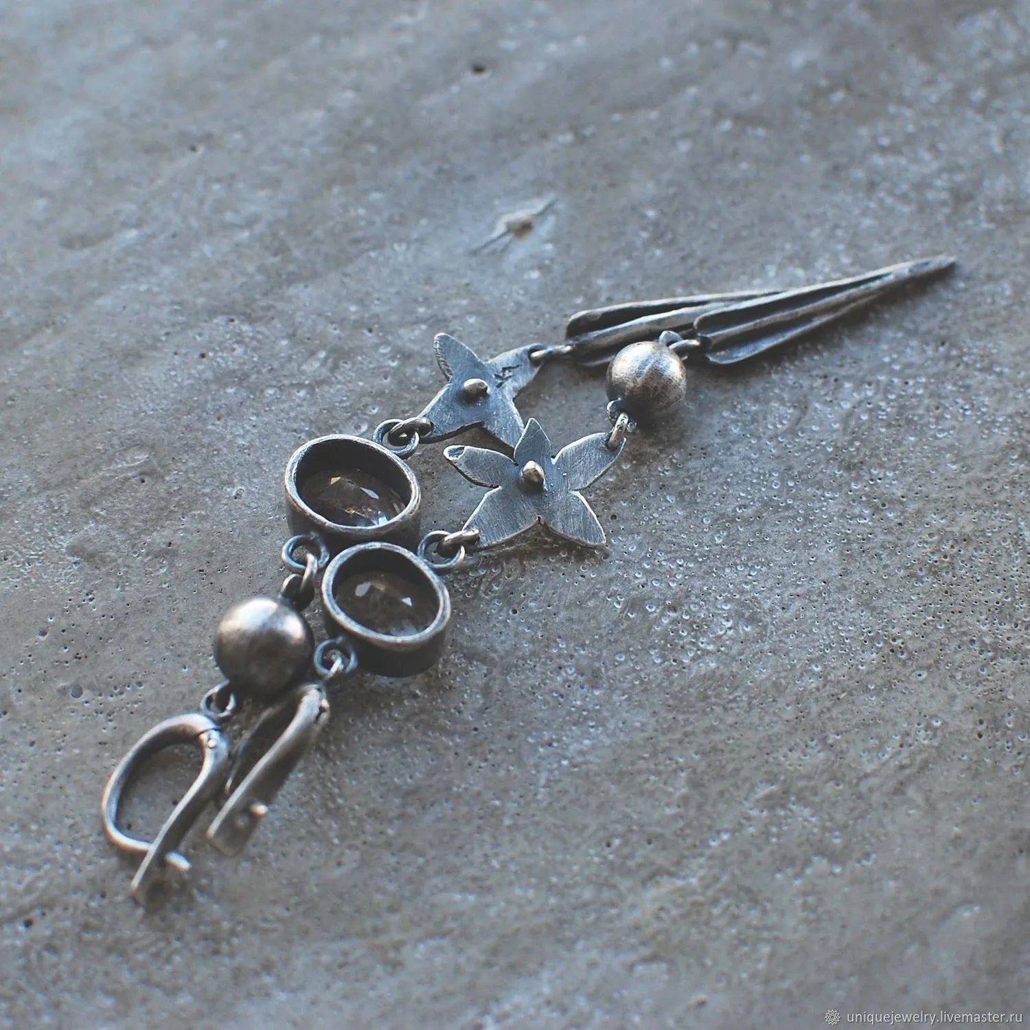 Geometric antique silver XINGX pendant earrings with long rhinestone detailing
