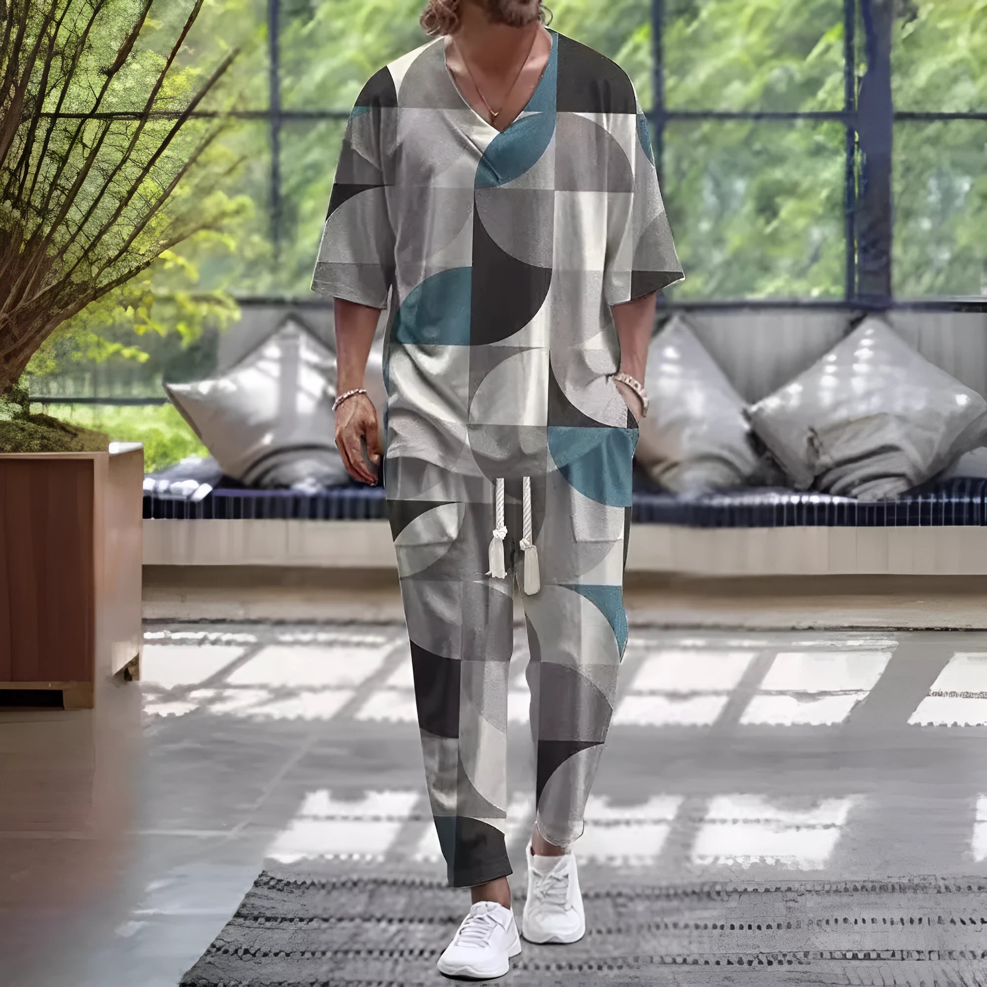 Lightweight polyester trousers suit with cropped sleeve V-neck jacket on a hanger.