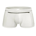 Men's polyester boxer shorts with front and back zipper pockets in multiple colours, sizes S to XL.