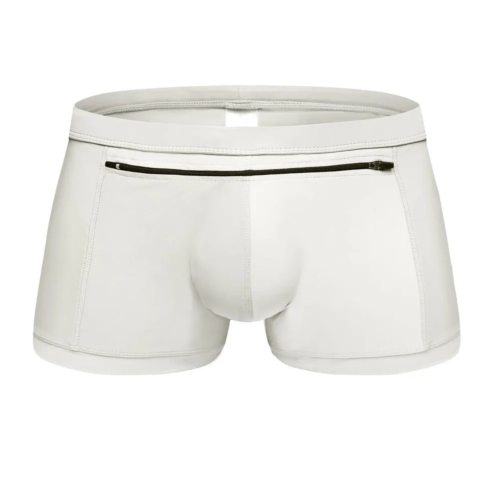 Men's polyester boxer shorts with front and back zipper pockets in multiple colours, sizes S to XL.