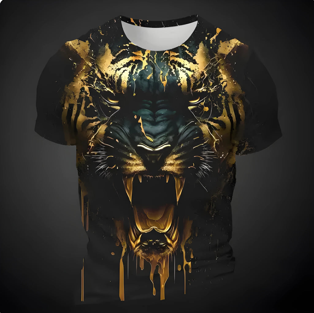 Men's 3D tiger pattern t-shirt showing digital printed design on polyester fabric