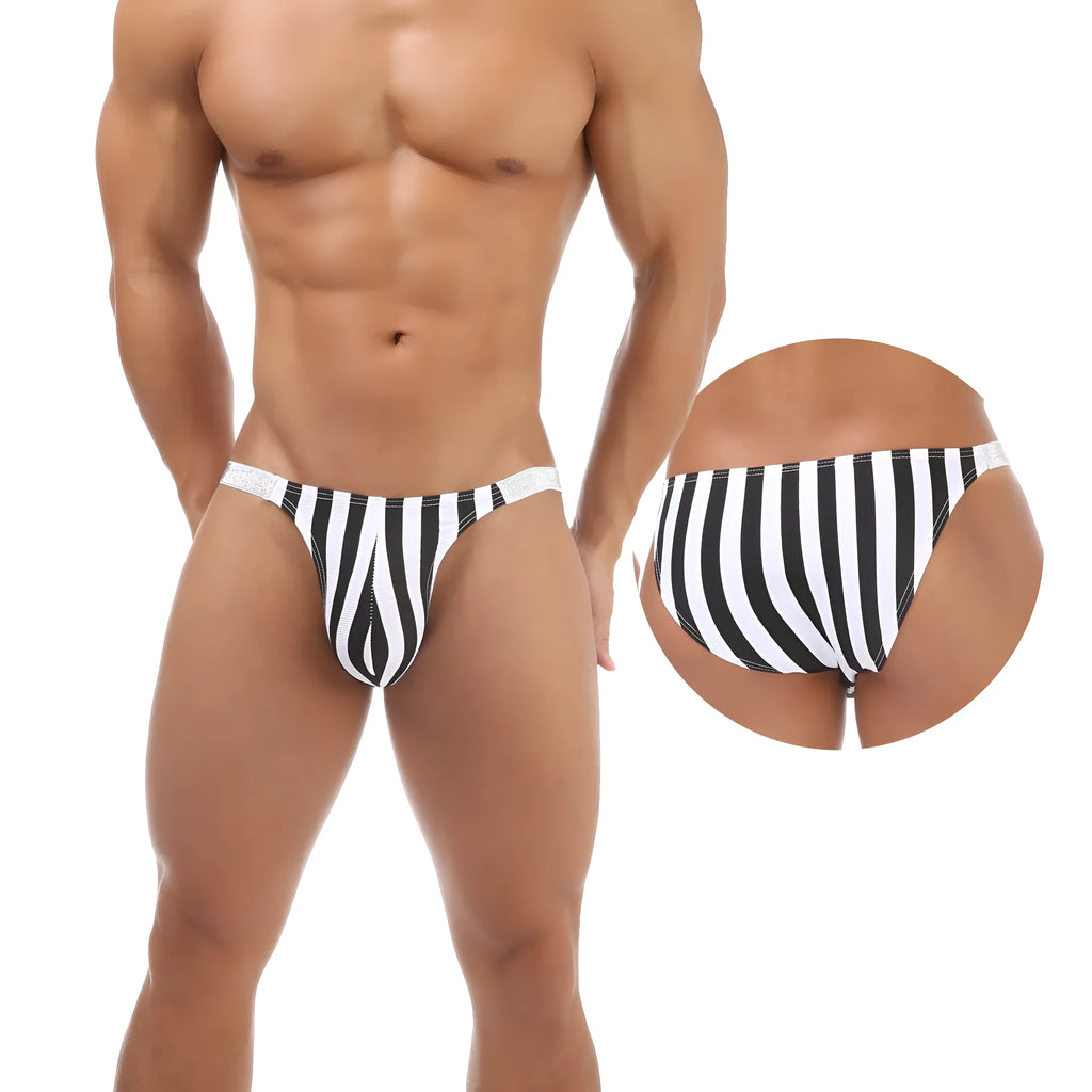 Men's zebra striped low waist briefs with shiny belt and U-pouch front