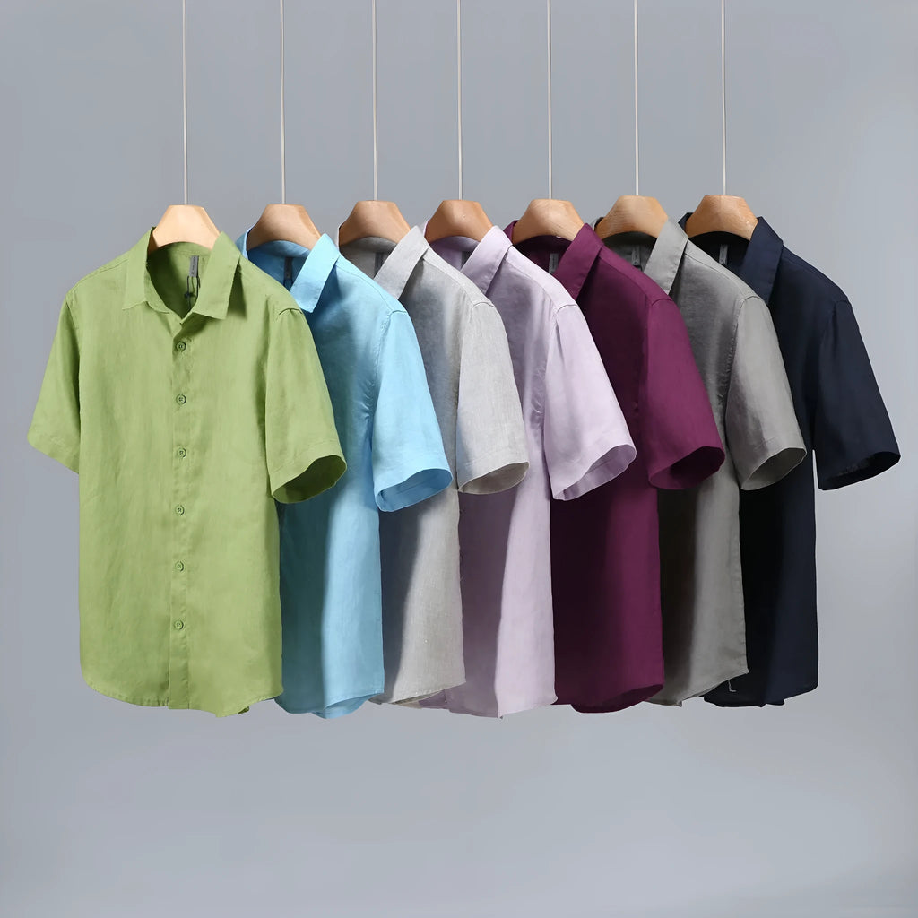 Men's casual short-sleeved linen shirt in cardigan style showing colour options