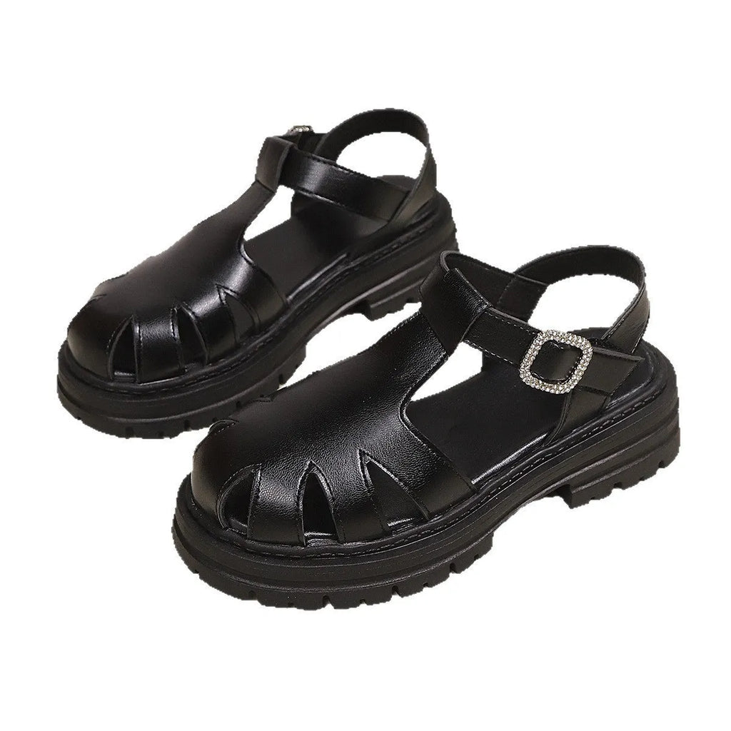 Black women's backless sandals with buckle, toe cap, hollowed design, PU upper, rubber sole, sizes 36-43