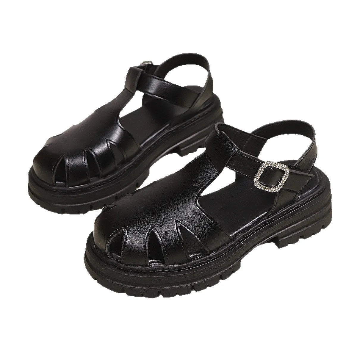 Black women's backless sandals with buckle, toe cap, hollowed design, PU upper, rubber sole, sizes 36-43