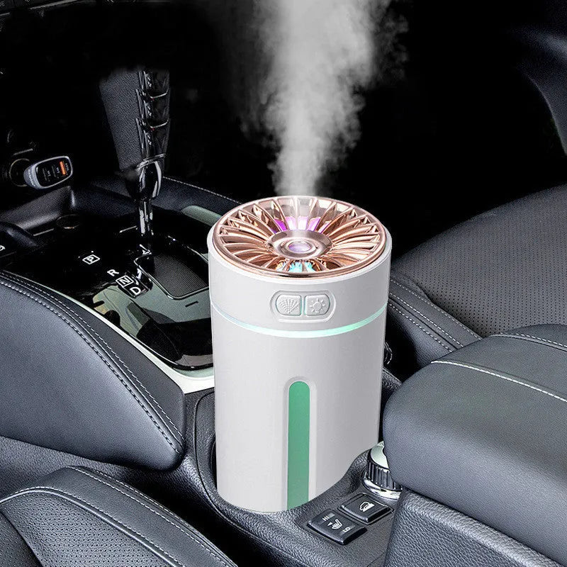Black portable USB rechargeable humidifier with colourful LED lights on car cup holder